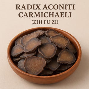 May include: A wooden bowl filled with sliced, dried Radix Aconiti Carmichaelii (Zhi Fu Zi). The slices are a dark brown colour with a slightly rough texture. The text "RADIX ACONITI CARMICHAELI (ZHI FU ZI)" is displayed above the bowl.