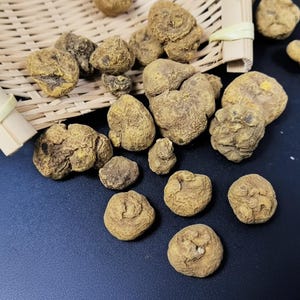 May include: A collection of dried, irregularly shaped, tan-colored roots, possibly maca, are displayed. Some roots are in a woven basket, while others are scattered on a dark blue surface. The roots have a rough, textured appearance.