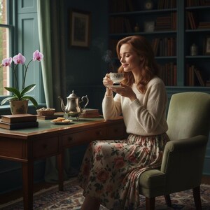 Peut inclure: Une femme en pull cr&egrave;me et jupe fleurie savoure du th&eacute; dans une pi&egrave;ce chaleureuse. Une th&eacute;i&egrave;re et une tasse en argent sont pos&eacute;es sur un bureau en bois. Une orchid&eacute;e en pot et des livres sont &agrave; proximit&eacute;.