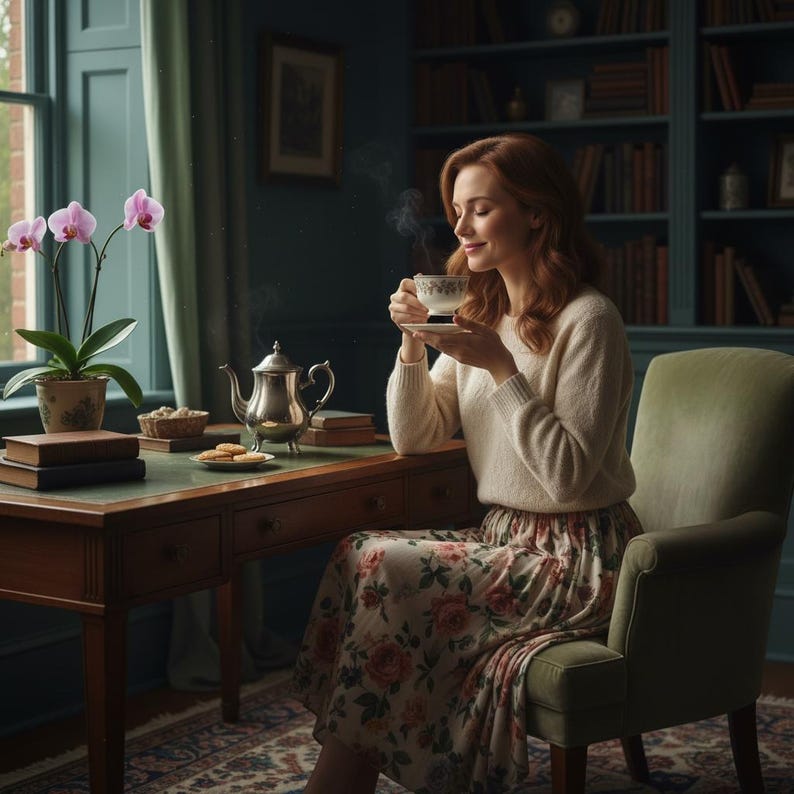 Peut inclure: Une femme en pull cr&egrave;me et jupe fleurie savoure du th&eacute; dans une pi&egrave;ce chaleureuse. Une th&eacute;i&egrave;re et une tasse en argent sont pos&eacute;es sur un bureau en bois. Une orchid&eacute;e en pot et des livres sont &agrave; proximit&eacute;.