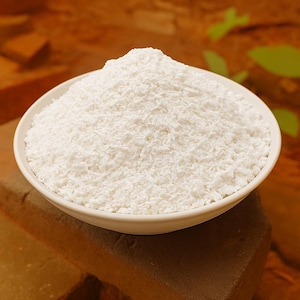 Könnte beinhalten: Eine weiße, fein gemahlene Pulvermasse füllt eine weiße Keramikschale. Die Schale steht auf einer braunen, strukturierten Oberfläche. Das Pulver scheint ein Lebensmittel zu sein, möglicherweise Mehl oder ein ähnlicher Inhaltsstoff.