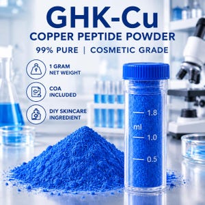 May include: A clear plastic vial with a blue cap filled with bright blue GHK-Cu copper peptide powder, next to a pile of the same powder. Text reads: GHK-Cu COPPER PEPTIDE POWDER 99% PURE | COSMETIC GRADE, 1 GRAM NET WEIGHT, COA INCLUDED, DIY SKINCARE INGREDIENT.