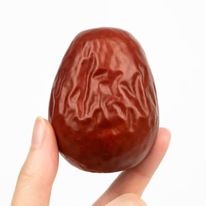 Puede incluir: Primer plano de una sola fruta de azufaifo, de color marrón rojizo. La fruta tiene una textura arrugada y es sostenida por los dedos de una persona sobre un fondo blanco. El azufaifo tiene forma ovalada.