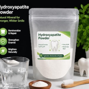 Puede incluir: Una bolsa transparente con polvo de hidroxiapatita blanco y una etiqueta con un icono de diente, la fórmula química Ca5(PO4)3OH, 99,9% de pureza y 60µm de tamaño de partícula, junto a un vaso de agua, un cuenco de madera con polvo y un cepillo.