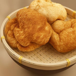 May include: Close-up of several golden-brown lion's mane mushrooms in a round, woven bamboo basket. The mushrooms have a unique, shaggy texture. The basket has a dark brown base and is trimmed with light wood and yellow accents.