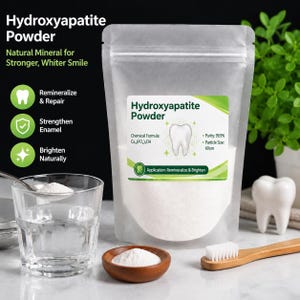 May include: A translucent stand-up pouch of white Hydroxyapatite Powder with a label detailing chemical formula Ca10(PO4)6OH, 99.9% purity, and 60nm particle size. Includes a glass of water with powder, a small wooden bowl of powder, and a toothbrush.