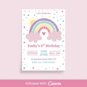 Editable Rainbow Birthday Invitation | Pastel Boho Kids Party Invite | Editable Canva Template | Instant Download | Printable Invite