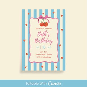 Könnte beinhalten: Eine Geburtstagseinladung mit hellblau-weiß gestreiftem Hintergrund und kleinen roten Herzen. Die Einladung zeigt einen rosa Rahmen mit dem Text "Beth's Birthday" und Details zur Veranstaltung.