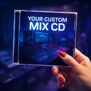 May include: A clear CD case held by a hand with red nail polish. The CD cover features the text "YOUR CUSTOM MIX CD" in white, above an image of a sound mixing studio with speakers and audio equipment.