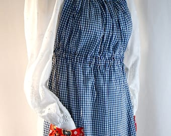 Vintage 1970s Blue and White Gingham Long Pinafore or Bib apron With Red Swedish Floral and Heart Print Pockets and Ties One Size