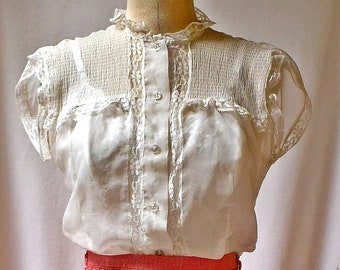 Vintage 1960s Sheer White Nylon Sleeveless Blouse With Inset Lace and Lace Trim and Ruching  36 Inch Bust