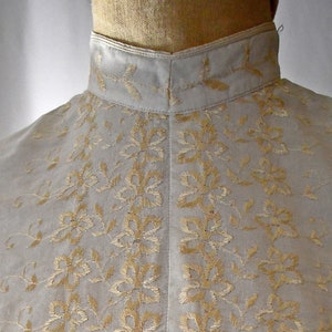 Antique Edwardian Ivory Cotton High Neck Long Sleeve Shirt Waist Blouse With Cream Hand Embroidered Flowers 36 Inch Bust