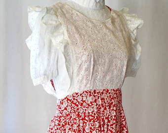 Vintage 1970s White Eyelet and Red and White Floral Long Pinaofre With Ruffles One Size Fits Most