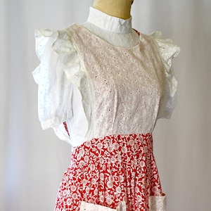 Vintage 1970s White Eyelet and Red and White Floral Long Pinaofre With Ruffles One Size Fits Most