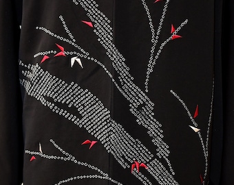 Vintage 1950s Black Silk Japanese Haori Short Kimono Robe Jacket With Red and White Hand Embroidered Blossoms and White Print 38 Inch Bust