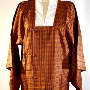 Vintage Orange Woven Plaid Silk Japanese Michiyuki Coat Dress Robe Jacket Ivory Silk Jacquard Cloud Motif Lining 42 Inch Bust