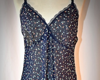 Vintage 1980s Navy Blue with Orange Yellow Light Blue Tiny Floral Sheer Short Nightie Slip Chemise 38 Inch Bust