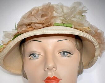 Vintage 1950s Ivory Straw Small Brim Day Church Hat Cloche With Ivory and Beige Silk and Velvet Peony Flowers and Velvet Ribbon and Bow