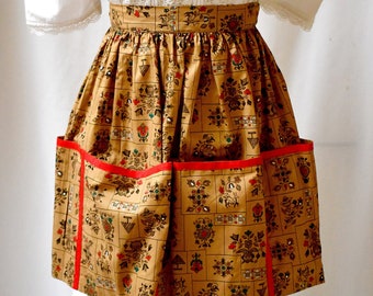 Vintage 1950s Tan, Red, Black Scandinavian Flower and Birds Print Cotton Half Apron With Large Pockets One Size