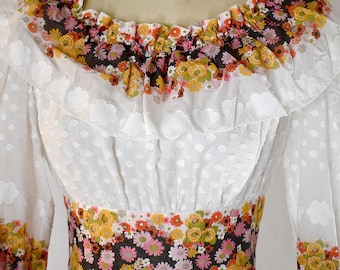Vintage 1970s White Dotted and Floral Cotton Long Hostess Dress With Neck Ruffle Wide Waist Band Germany 38 Inch Bust/30 Inch Waist