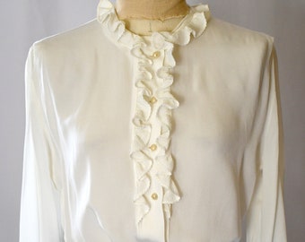 Vintage 1940s Ivory Rayon Long Sleeve Blouse With Ruffles 40 Inch Bust