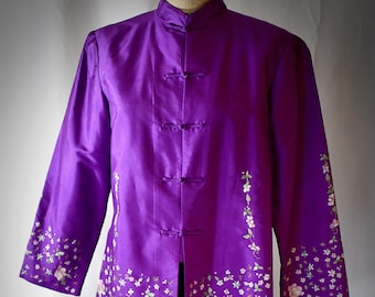 Vintage Violet Silk Asian Chinese Style Jacket With Pink Green Metallic Gold Hand Embroidery 40 Inch Bust