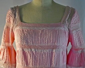Vintage 1970s Pink Cotton Long Mexican Wedding Dress Shift With Pin Tucks and Inset Crocheted Lace Metal Zipper 36 Inch Bust