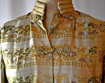 Vintage 1940s Asian Style Jacket or Tunic Pale Gold Green and Lavender Gardens and Temples People Silk Jacquard 38 Inch Bust