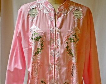 Vintage 1980s Pink Cotton Blend Loose Asian Style Button Front 3/4 Sleeve Tunic Blouse With Pink Green and White Embroidery 48 Inch Bust NOS