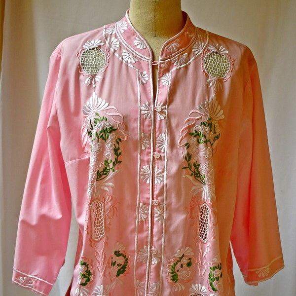 Vintage 1980s Pink Cotton Blend Loose Asian Style Button Front 3/4 Sleeve Tunic Blouse With Pink Green and White Embroidery 48 Inch Bust NOS