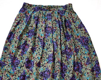 Vintage 1980s Black Purple Green Paisley and Rose Print Rayon Pleated Skirt 30 Inch Waist
