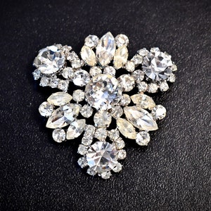 Vintage Huge Silver Metal Prong Set Clear Rhinestone Brooch Made In Austria 2 1/4 Inches