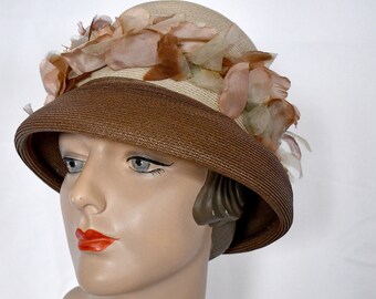 Vintage 1950s Ivory and Mocha Colored Straw Small Brim Day Hat Church Bonnet Cloche With Beige Blush Ivory Silk Flowers 22 Inch