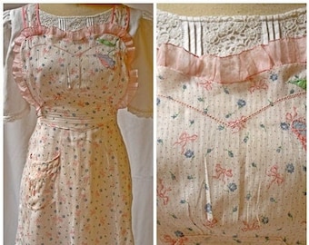 Vintage 1920s Pink and Blue Floral Ribbon Print Cotton Bib Apron Pinafore With Pink Ruffle and Flower Applique One Size