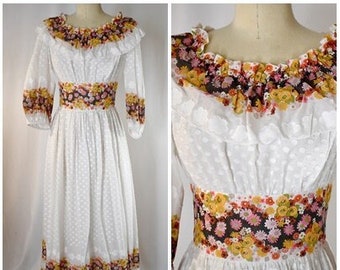 Vintage 1970s White Dotted and Floral Cotton Long Hostess Dress With Neck Ruffle Wide Waist Band Germany 38 Inch Bust/30 Inch Waist