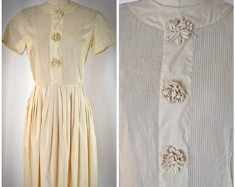 Vintage 1960s Ivory Cotton Blend Day Dress With Pin Tucks and Textural Flower Appliques Pleated Skirt 36 Inch Bust/27 Inch Waist