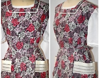 Vintage 1950s Pink, White and Plum Rose Print Cotton Kitchen Smock or Bib Apron Top 46 Inch Bust
