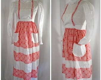 Vintage 1970s Victorian Style Red Plaid and Floral and White Eyelet Pieced Long Pinafore or Bib Apron With Eyelet Lace Trim One Size