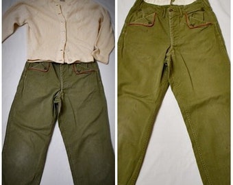 Vintage 1960s Teen or Womens Khaki Green Cotton Boy Scouts Uniform Pants With Red Piped Pockets 28 Inch Waist/26 Inch Inseam