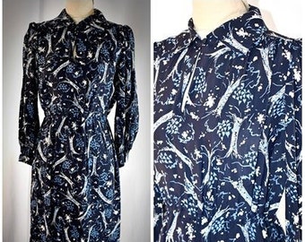 Vintage Elegant Classic 1970s Deep Indigo Blue White Light Blue Tree Print Silk Shirt Dress 40 Inch Bust/Elastic Waist 28 to 38 Inches