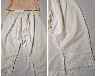 Antique Victorian Edwardian White Cotton Bloomers With Wide Hand Embroidered Eyelet Lace Trim and Blue Ribbons 33 In Waist Adj To 37 In