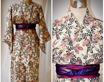 Vintage 1960s Ivory, Dark Green, Rose, Gold and Aqua Floral Print 100% Silk Long Japanese Kimono 44 Inch Bust