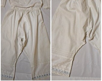 Antique Victorian Edwardian White Cotton Bloomer Pantaloons with Hand Embroidered Eyelet Lace and Blue Ribbons 30 inch or 32 inch Waist