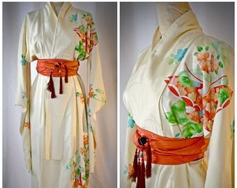 Vintage 1970s Ivory Silk Kimono With Bright Red Green Orange Blue Butterflies and Flowers Print Metallic Gold Embroidery 44 Inch Bust