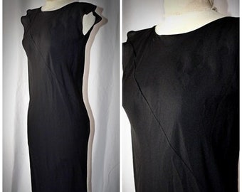 Vintage Simple Elegant Black Bias Cut Silk Cap Sleeve Sheath Dress With Diagonal Seaming Sz S