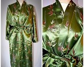 Vintage Moss Green Satin Kimono Robe with Metallic Gold Silver Copper Bamboo Design DRAGON SILK Sz L 50 Inch Chest
