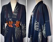 Vintage Hauri Kimono Jacket Short Robe Tunic Navy Blue Silk Sheer With Woven Metallic Thread Large Palm Frond Design 50 Inch Bust
