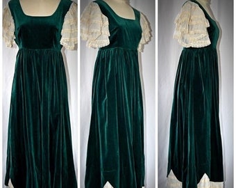 Vintage 1970s Bottle Green Velvet Empire Waist Regency Style Long Gown With Layered Ivory & Lace Ruffle Sleeves and Tiered Hem 36 Inch Bust