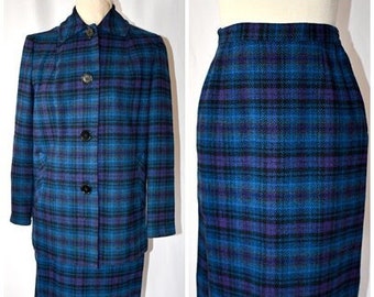 Vintage 1960s Blue Purple and Black Plaid Wool Pendleton Jacket and Skirt Suit 38 Inch Bust/26 Inch Waist Beautiful