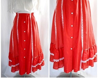 Vintage 1970s Pieced Patchwork Red and White Polka Dot Button Front Full Prairie Skirt Ruffles Lace Elastic Waist 24 to 36 Inches